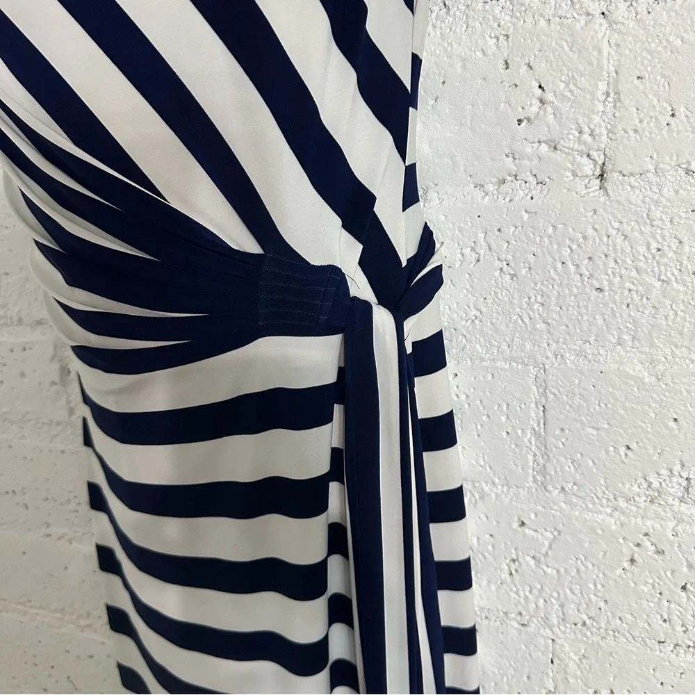LRL Ralph Lauren Womens Dress 10 Blue White Stripe Cap Sleeve Ruched Stretch K19 - Picture 4 of 6